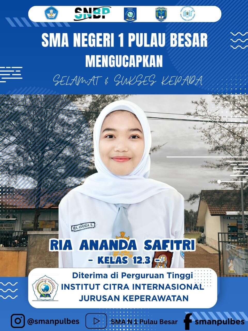Selamat kami ucapkan kepada Ria Ananda Safitri, telah lolos seleksi dan diterima di kampus impian Institut Citra Internasional (ICI)